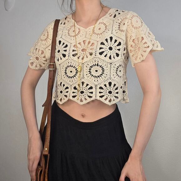 Rebellion Tops - Crochet Lace Crop Top Boho Coquette Festival Sheer Knit Cream Size Small Cotton